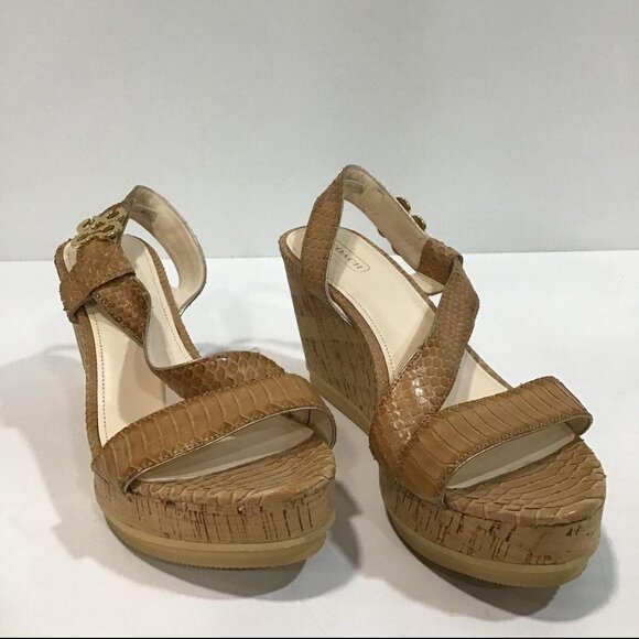 EUC COACH Snakeskin Espadrille Wedges Gold Logo Cork heel COMFY sz 9 Nude - Picture 6 of 9